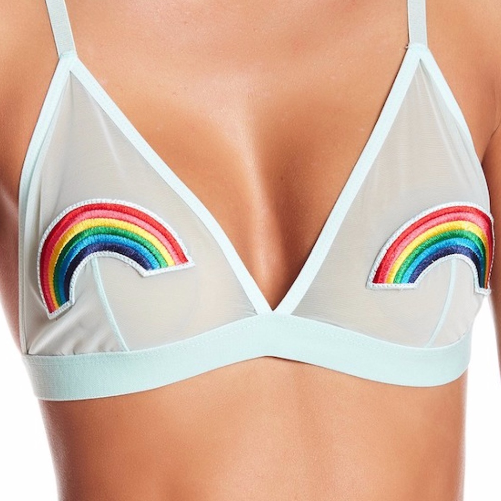 🔥Mesh Rainbow Patch Bra Bralette Teal Triangle - Picture 3 of 8